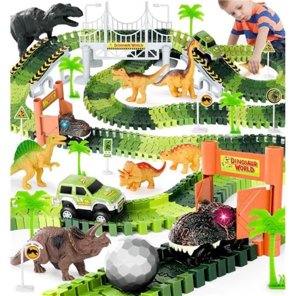 Dinosaur Toys, 201Pcs Create A Dinosaur World Road Race with Rolling Ball 8 Dino - Picture 1 of 6